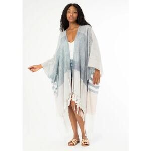 Lovestitch Gray, White Striped Fringed Oversized Hampton Kimono One Size EUC